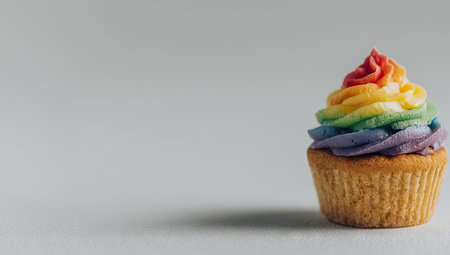 A single cupcake is presented with vibrant rainbow-colored frosting. The image showcases a close-up view against a clean, uncluttered, grey backdrop. The lighting is soft, and the composition focuses on the textures and colors. This image is suitable for various commercial uses, including advertising and editorial content.の素材