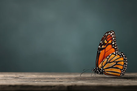 A monarch butterfly with vibrant orange and black patterns rests on a wooden surface. The composition features a shallow depth of field, with the background blurred to a soft teal. The lighting is soft and diffused. This image may be suitable for advertising, educational materials, or decorative purposes.の素材
