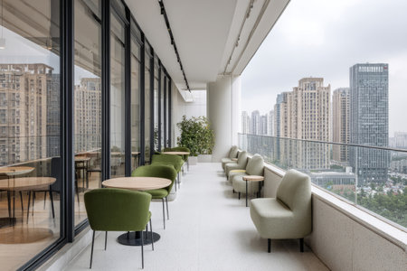 An interior shot reveals a balcony space furnished with chairs and small tables. The scene incorporates glass panels and concrete structures. A cityscape provides the backdrop, set under overcast daylight conditions. It could be used for architectural concepts, design projects, or editorial content related to work environments.の素材