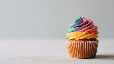 A single cupcake is the central subject, displaying colorful rainbow frosting on a white surface. The image highlights the detailed texture and vibrant colors of the sweet treat. The composition suggests a clean, minimalistic aesthetic, potentially useful for advertising or editorial content. The lighting is soft and even, highlighting the dessert.の素材
