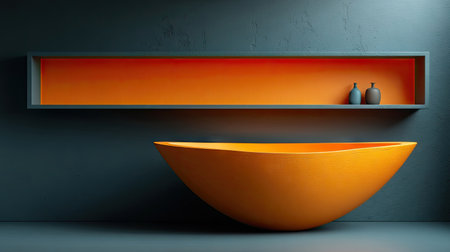 An orange bathtub and matching shelf are featured against a dark gray wall. The composition displays a minimalist style with clean lines and a modern aesthetic. The lighting creates a dramatic effect. This image is suitable for use in design publications, advertising materials, and websites.の素材