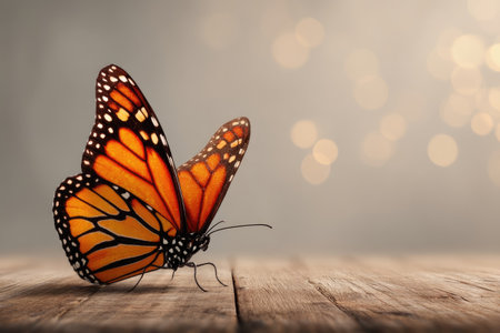 A close-up view presents a monarch butterfly with vibrant orange and black patterns. It rests on a textured wooden surface, with a soft, blurred background featuring bokeh effects. The image displays natural lighting and a shallow depth of field, suitable for various editorial and promotional applications.の素材