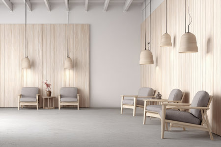 This interior design showcases a modern waiting area with comfortable chairs and elegant pendant lights. The scene features a minimalist aesthetic with neutral colors, clean lines, and wooden panels. The composition highlights the architectural elements and offers a sense of spaciousness, suitable for various commercial purposes.の素材