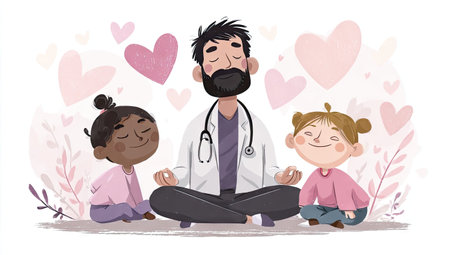 An illustration depicts a healthcare professional meditating with two children. Soft pastel colors and a watercolor style define the scene. The composition features a central figure with a calm expression, suggesting a tranquil and caring environment, suitable for various editorial and promotional purposes.の素材