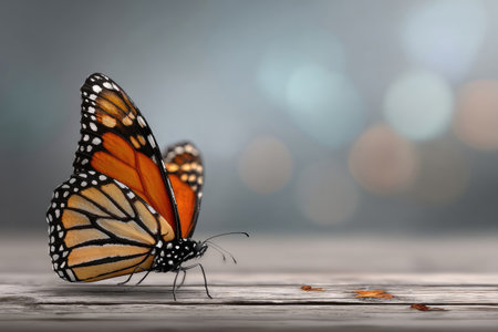 A close-up image features a monarch butterfly perched on a wooden surface. The butterfly displays orange and black patterned wings. The composition includes a blurred background with soft colors and highlights. This image can be used for various commercial projects and editorial content.の素材