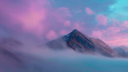 An aerial view presents a mountain peak emerging from layers of mist and clouds. The sky displays a blend of pink, purple, and teal hues. This scene offers a sense of vastness, the play of light suggestive of a natural environment suitable for landscape photography, or background elements.の素材