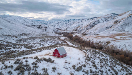 A vibrant red barn sits in a snowy landscape, contrasted against a backdrop of rolling, snow-covered hills and mountains. The scene is illuminated by soft, overcast light, suggesting a winter day. The composition provides copy space suitable for diverse commercial applications.の素材