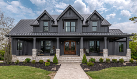 This exterior shot features a contemporary two-story house with dark gray siding and a covered front porch. The architecture showcases a symmetrical design, with multiple windows and a gray metal roof. The scene is bathed in natural daylight, with a well-maintained lawn and landscaping suggesting a suburban setting. Suitable for real estate, home design, and lifestyle projects.の素材