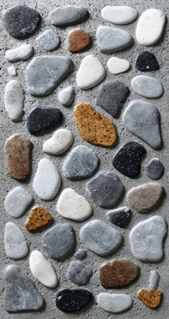 An assortment of smooth, rounded stones is arranged on a rough, textured surface. The image features a variety of colors, including gray, brown, and white, with subtle variations in texture. This composition suggests a natural, outdoor setting and could be used for various design, background, or illustrative purposes.の素材