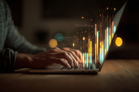 A person is shown working on a laptop computer. The screen displays a data visualization effect with lines and points of light. Warm, dim lighting and a shallow depth of field creates a moody atmosphere. The image is suitable for use in articles on technology, business, or data analysis.の素材