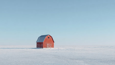 A vibrant red barn stands isolated in a vast, snow-covered field. The image showcases a minimalist composition under a clear, pale blue sky. The scene is bathed in soft daylight, emphasizing the building's texture and form. Suitable for commercial projects or editorial content.の素材