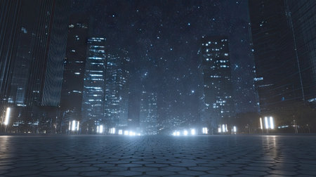 A nighttime cityscape is depicted with tall buildings and numerous illuminated windows. The composition features a low-angle perspective, emphasizing the height of the structures. Colors include blues, whites, and blacks, suggesting a modern environment. This image could be suitable for various commercial or editorial applications.の素材