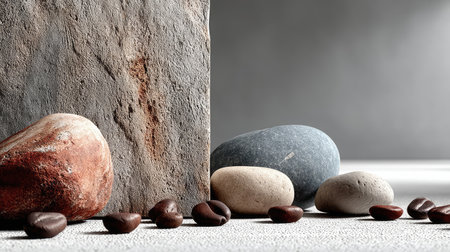 This image displays a composition featuring smooth stones and coffee beans, set against a neutral, light-toned backdrop. The stones exhibit various textures and colors, from grey to beige, while the beans display a dark brown hue. The arrangement suggests an indoor setting, and the image is suitable for commercial use.の素材