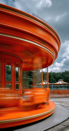 An orange carousel spins, blurring the details of its structure. The image showcases the curves and reflective surfaces of the amusement ride. Set outdoors under a cloudy sky, the composition suggests a recreational activity, suitable for various commercial applications related to entertainment or leisure.の素材