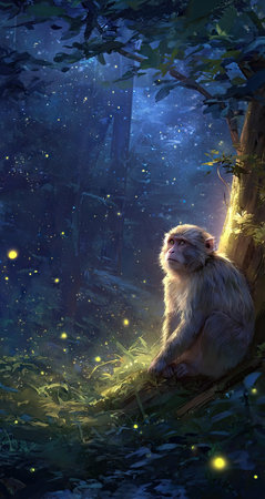 A monkey rests on a tree branch, illuminated by a warm glow against a dark forest backdrop. The image features a fantasy style with soft lighting and a focus on color contrast. This could be useful for illustrations, book covers, or projects related to nature and wildlife, or themed design.の素材
