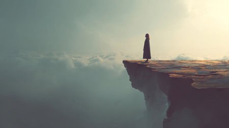 A solitary figure stands at the edge of a cliff, gazing over a vast expanse of clouds. The scene is bathed in soft, diffused light, suggesting either sunrise or sunset. The composition emphasizes the contrast between the solid rock and the airy clouds, with a dreamlike, surreal quality suitable for conceptual projects.の素材