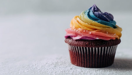 A single cupcake is the central subject of this photograph, featuring vibrant rainbow-colored frosting atop a chocolate base. The image showcases soft lighting and a minimalist composition. It may be suitable for food blogs, recipe demonstrations, or various design projects seeking visually appealing dessert imagery.の素材