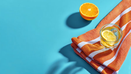 A vibrant composition showcases an orange slice, a glass of water with lemon slices, and a striped towel. The objects are placed on a bright blue backdrop creating a clean and modern aesthetic. The image features high-key lighting and a sense of freshness suitable for various commercial or lifestyle applications.の素材