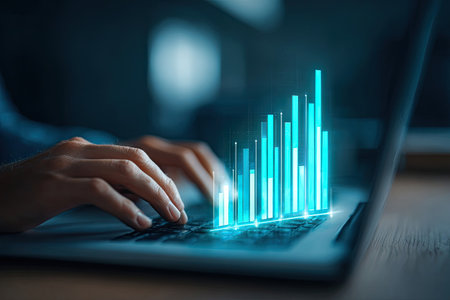 A person is using a laptop computer, interacting with a digital financial chart. The image displays a close-up of hands typing on a keyboard, with an overlaid glowing graph. The composition utilizes a dark background with blue accents, simulating a nighttime or indoor setting. This image is suitable for various commercial uses related to finance or technology.の素材