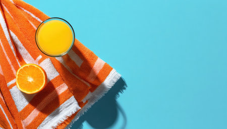 An overhead shot showcases a glass of orange juice and a halved orange atop a striped towel. The vibrant orange contrasts with the bright blue backdrop. The image utilizes direct lighting, emphasizing textures. This could be used for advertising beverages or illustrating summer themes.の素材