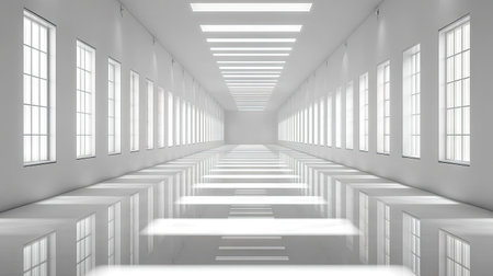 This image showcases a minimalist, elongated interior space dominated by white surfaces. Long windows line the walls, flooding the area with natural light, creating strong shadows and reflections. The clean lines and symmetrical arrangement suggest a modern architectural style. Suitable for commercial projects involving design, architecture or interior themes.の素材