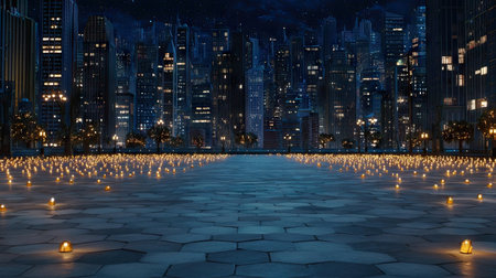 An aerial perspective showcases a nighttime cityscape with numerous illuminated high-rise buildings. The scene displays a symmetrical composition, featuring pathways and lights. The overall aesthetic suggests a futuristic environment, with potential applications for various commercial and editorial projects.の素材