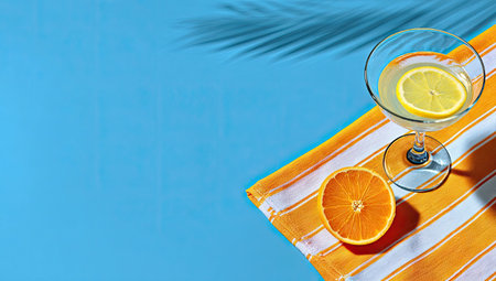 A close-up captures a cocktail with a lemon slice, alongside an orange half, resting on a striped orange and white towel. The scene is illuminated by strong sunlight on a vibrant blue surface. Suitable for use in lifestyle or refreshment themed content. The composition offers ample copy space.の素材