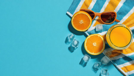 An overhead shot features halved oranges, a glass of juice, and sunglasses set on a striped towel against a vibrant blue backdrop. Ice cubes are scattered throughout the scene. The composition utilizes bright colors, creating a summery mood suitable for various commercial or editorial applications.の素材