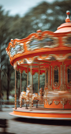 An orange carousel, with its horses in a blurred motion, is set against a backdrop of green trees. The image showcases a vintage aesthetic with warm tones and selective focus. The carousel's design and composition suggest suitability for themes around entertainment, childhood, and amusement, perfect for various commercial applications.の素材