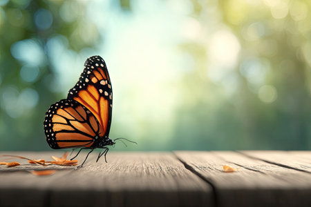 A monarch butterfly rests on a wooden surface with a soft-focus background featuring green and yellow hues. The image showcases the butterfly's orange and black wings against the textured wood. The natural lighting and composition are suitable for various editorial and commercial applications.の素材