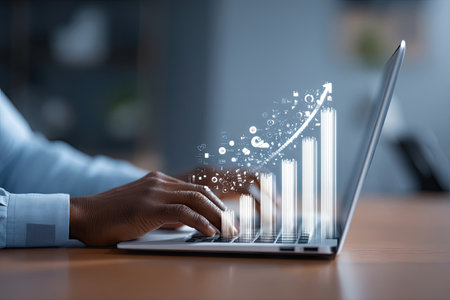 An individual uses a laptop, the screen displaying a glowing financial growth chart. The scene shows the hands of the person on the keyboard in a low-angle shot. The visual includes bright highlights against a blurred background, suggesting an indoor setting. Suitable for commercial applications such as business articles and financial reports.の素材