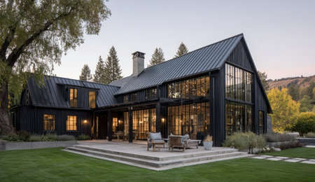 An exterior view presents a contemporary house with dark cladding and expansive glass windows. The composition captures the house illuminated against a twilight sky, showcasing its design. The scene features a green lawn, suggesting an outdoor setting. This image is suitable for architectural, real estate, and lifestyle publications.の素材