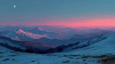 A scenic landscape presents a distant mountain range under a twilight sky. The image features layers of peaks and valleys, colored in shades of blue, pink, and orange, suggesting a serene environment. The composition utilizes soft lighting, creating a sense of depth and tranquility suitable for various commercial or artistic applications.の素材