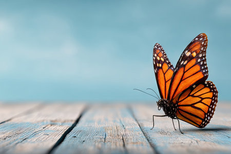 A monarch butterfly with vibrant orange and black wings perches on a rustic, weathered wooden surface. The butterfly stands out against a soft, blurred blue background. The image exhibits a shallow depth of field, with soft lighting and focus on the insect, potentially useful for nature or decorative projects.の素材