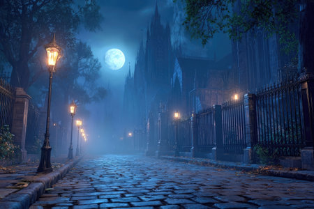 An atmospheric night scene features a cobblestone street with vintage streetlights. The scene is illuminated by a full moon and fog. The composition displays a building silhouette in the distance. This image could be used for various commercial and editorial projects.の素材