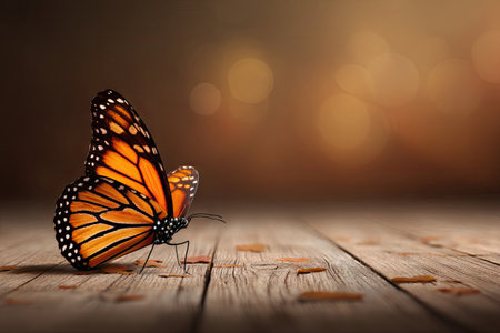 A monarch butterfly rests on a textured wooden surface, its orange and black wings displayed. The image showcases a shallow depth of field, with soft focus in the background, featuring warm tones and bokeh effects. This composition suggests natural themes and could be useful for editorial content and various design projects.の素材