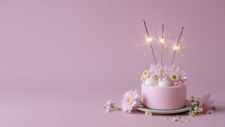 A pink cake, adorned with flowers and sparklers, is centered against a soft pastel backdrop. The composition features soft lighting and delicate textures. This image could be used for celebratory themes, conveying feelings of joy, or as a component in various design projects.の素材