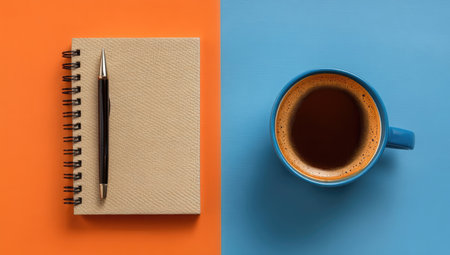 A top-down composition presents a notebook with a pen and a cup of coffee set against a split background of orange and blue. The visual is clean with solid colors and minimalist design. Suitable for concepts of work, study, morning routines, or lifestyle projects. The image could be used in various commercial applications.の素材