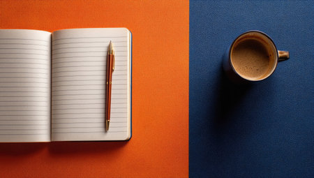 An open notebook with a pen rests beside a cup of coffee against two-toned orange and blue backgrounds. The overhead composition features simple lines, providing copy space. The scene employs natural lighting. Ideal for diverse commercial applications such as editorial content or website design.の素材