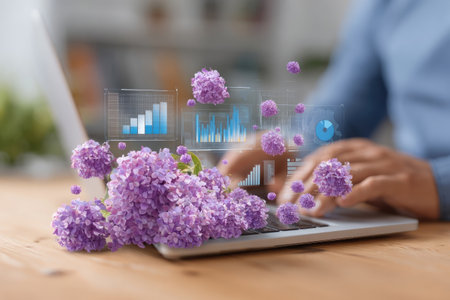 A person types on a laptop, with data visualizations and purple flowers overlaying the scene. The image displays a shallow depth of field, with soft focus on the foreground elements. Colors include blue, purple, and white. This image is suitable for various commercial purposes, including business and technology publications.の素材