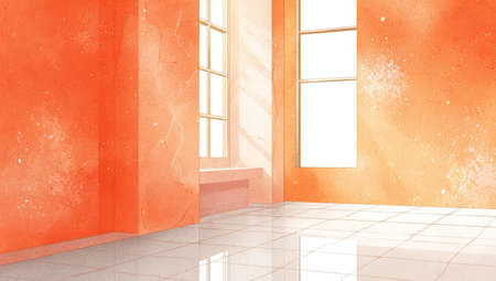 An interior shot features orange walls and a tiled floor. Sunlight streams through the windows, creating bright highlights. The style suggests a digitally created artwork with soft textures and gradients. The image could be used for various commercial or editorial purposes, conveying a sense of space and light.の素材