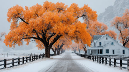 An image captures a snow-covered road flanked by trees with vibrant orange foliage. A white house sits alongside the road, framed by a wooden fence. The scene presents a wintery environment with soft lighting, suggesting a serene atmosphere. This image could be suitable for diverse commercial applications.の素材