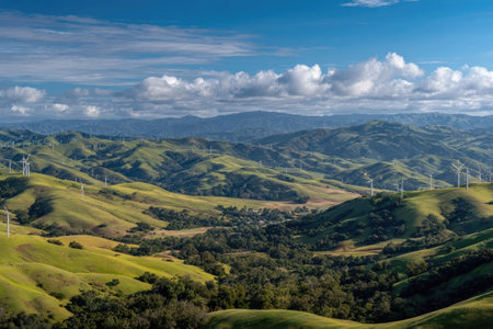 An aerial perspective showcases rolling hills covered in lush green vegetation, interspersed with wind turbines. The composition is expansive, set against a bright blue sky dotted with puffy white clouds. The landscape is bathed in natural sunlight, emphasizing the textures and forms, ideal for environmental themes and commercial projects.の素材