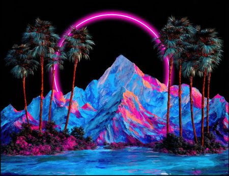 An artistic rendering features vibrant colors on a mountain range and palm trees set against a black backdrop. A glowing neon arch illuminates the scene. The image displays a digital painting style, suitable for various design projects and visual content needs.の素材