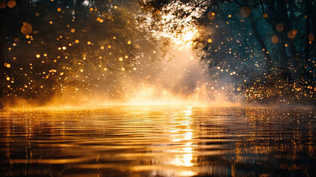 A radiant display of light bathes a tranquil water surface in this artistic scene. Warm golden hues blend with soft textures, creating an ethereal glow. The composition features an upward perspective with foliage and bokeh adding depth. Ideal for use in projects requiring atmospheric and evocative imagery.の素材