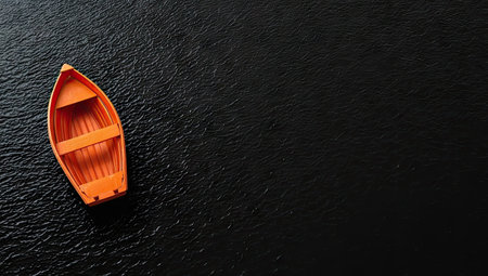 An overhead view features a small orange boat afloat on dark water. The image presents a minimalist composition, with the boat positioned on the left and a large expanse of black water on the right. This visual could be used in various commercial or editorial contexts, offering a striking contrast and potential for conveying themes of solitude or travel.の素材