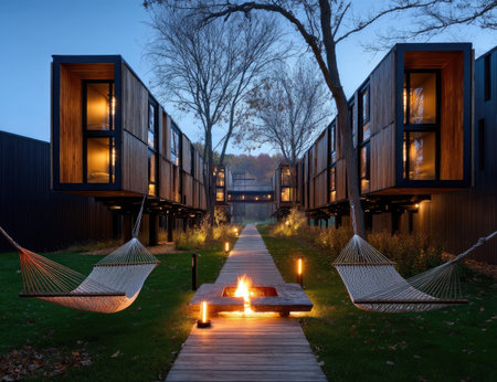 Two rows of contemporary modular cabins are visible, connected by a wooden pathway. The scene features glowing lights, including a central fire pit, creating a warm ambiance. Hammocks are suspended, adding a leisure element. This image could be suitable for architectural, travel, or hospitality marketing materials.の素材