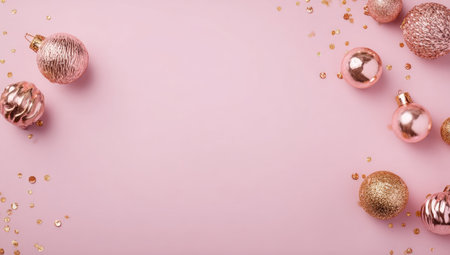 Rose gold Christmas ornaments are scattered on a light pink surface. The arrangement includes various textures and finishes. Soft lighting enhances the metallic gleam of the ornaments. The image has potential uses in holiday promotions, festive greetings, and seasonal design projects. It allows for copy space.の素材