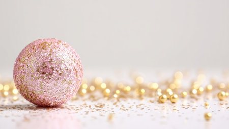 A close-up showcases a pink glitter sphere alongside scattered gold beads and confetti. The composition features a shallow depth of field, highlighting the sphere's texture. Warm lighting illuminates the scene, suggesting a celebratory or festive context, potentially suitable for design projects or holiday-themed content.の素材