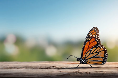A monarch butterfly rests on a wooden surface, set against a backdrop of a blurred sky and foliage. The butterfly's wings display orange and black patterns, contrasting with the soft blues and greens. This image uses natural lighting and a shallow depth of field, suitable for various editorial and commercial applications.の素材